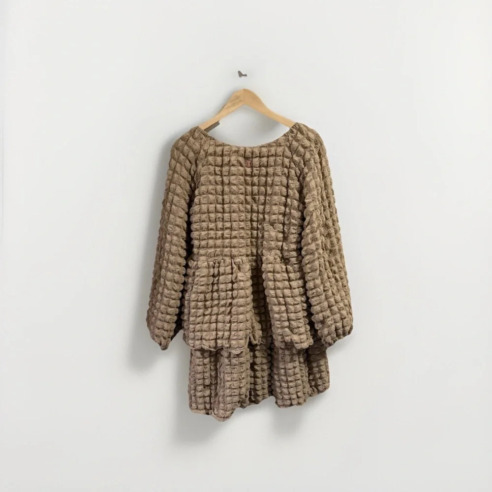 NWT Simply Southern Medium Tan Bubble Babydoll Dress Ruffle Long Sleeve Texture